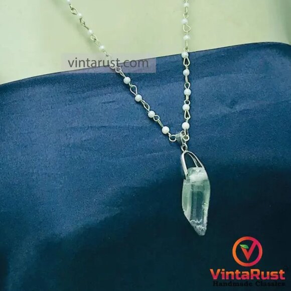 Handmade Clear Quartz Pendant Necklace with Delicate Pearl Chain, Stylish Unisex - Picture 14 of 14
